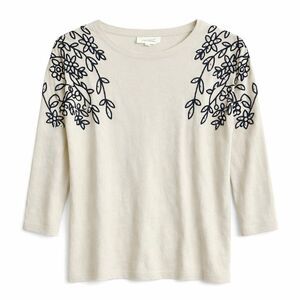 La Vila Milano Cream Pearl Embroidered Floral Knit 3/4 Sleeve Sweater M